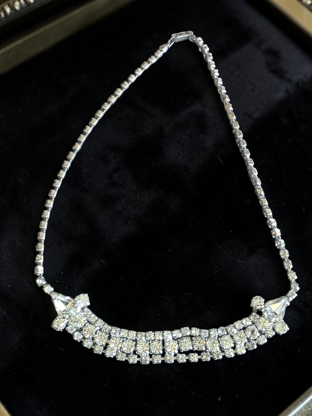 Vintage Silver  Clear Rhinestone Multi Row Choker Bib Necklace